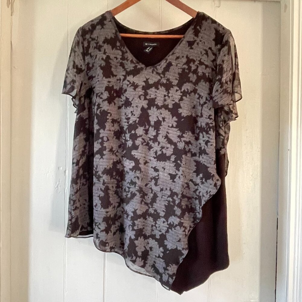 H by Halston Black Abstract Pattern Asymmetric Hem Cold Shoulder Top SZ Large